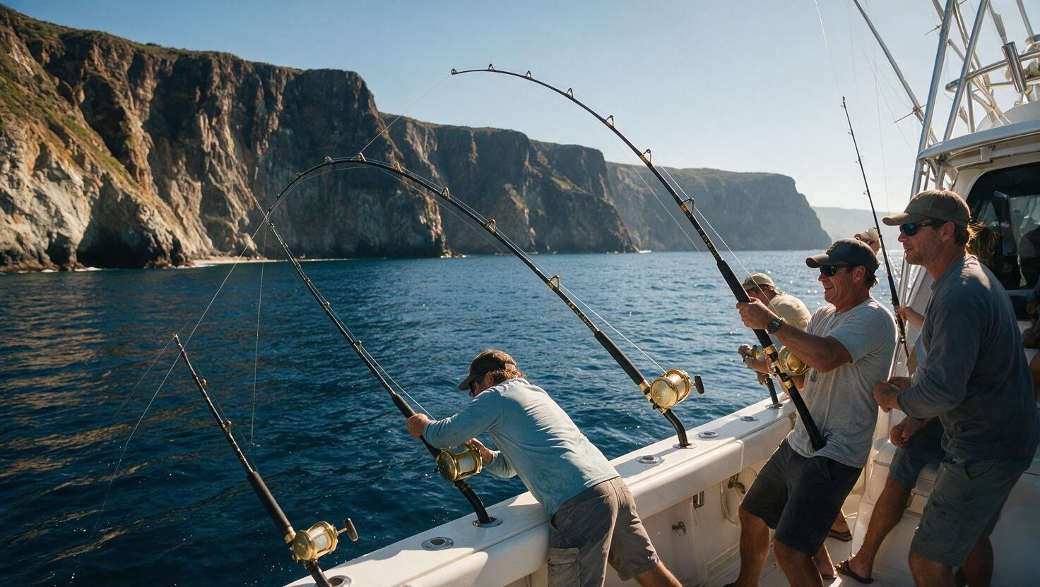Anglers reeling in bent game fishing rods from a boat below towering sea cliffs