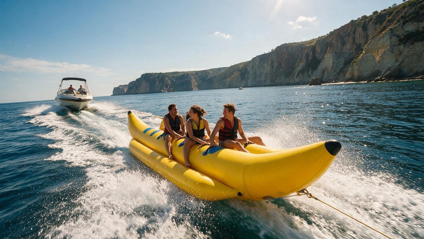 Guests riding a yellow inflatable banana boat towed across turquoise water near rocky cliffs