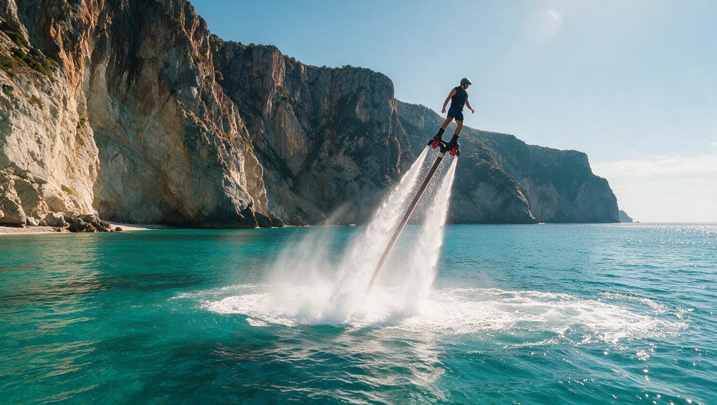 Rider soaring on a flyboard above turquoise water near towering cliffs