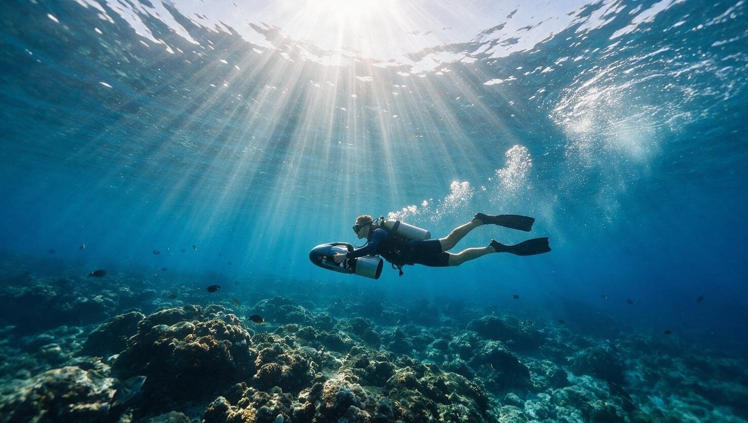 Diver gliding with an underwater scooter over a coral reef in clear blue water