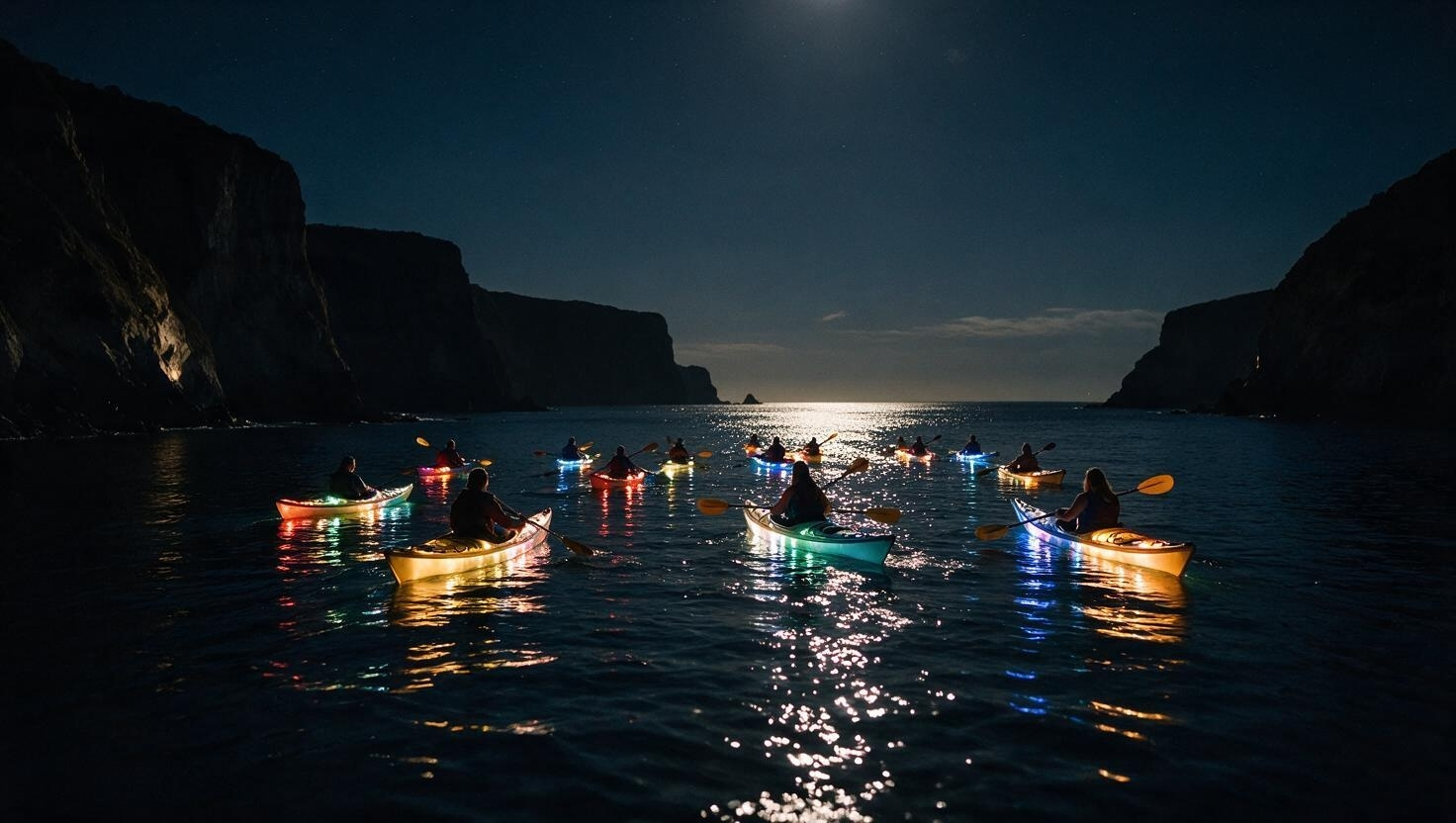 Glow-lit kayaks drifting on moonlit water between dark cliffs at night