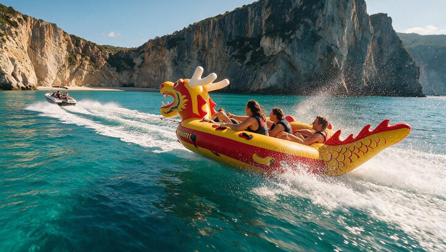 Guests riding a yellow and red inflatable dragon towed across turquoise water near rocky cliffs