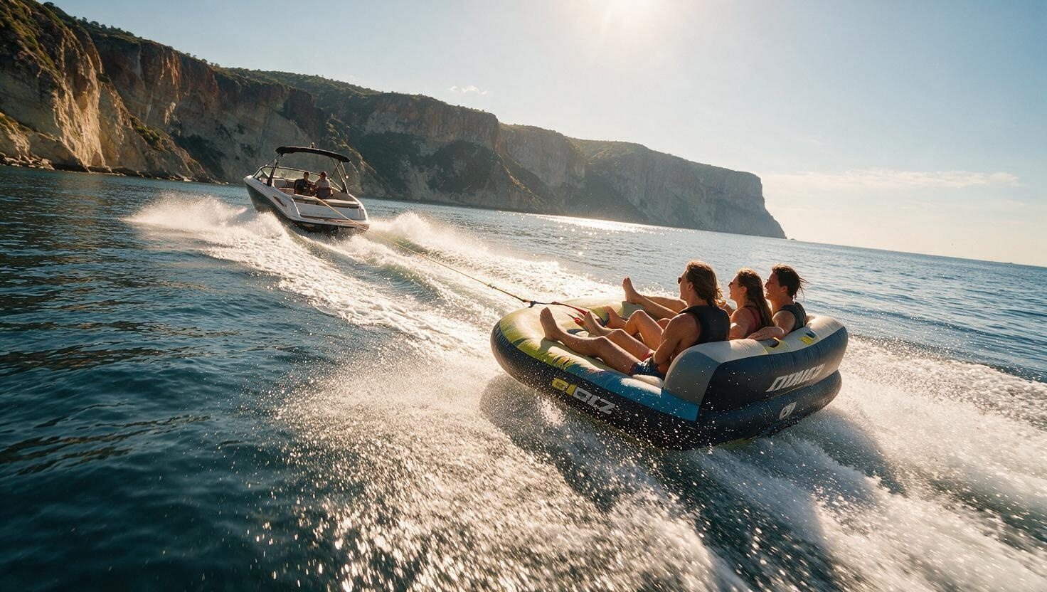 Guests riding an inflatable sofa towed by a speedboat across sunlit water near rocky cliffs