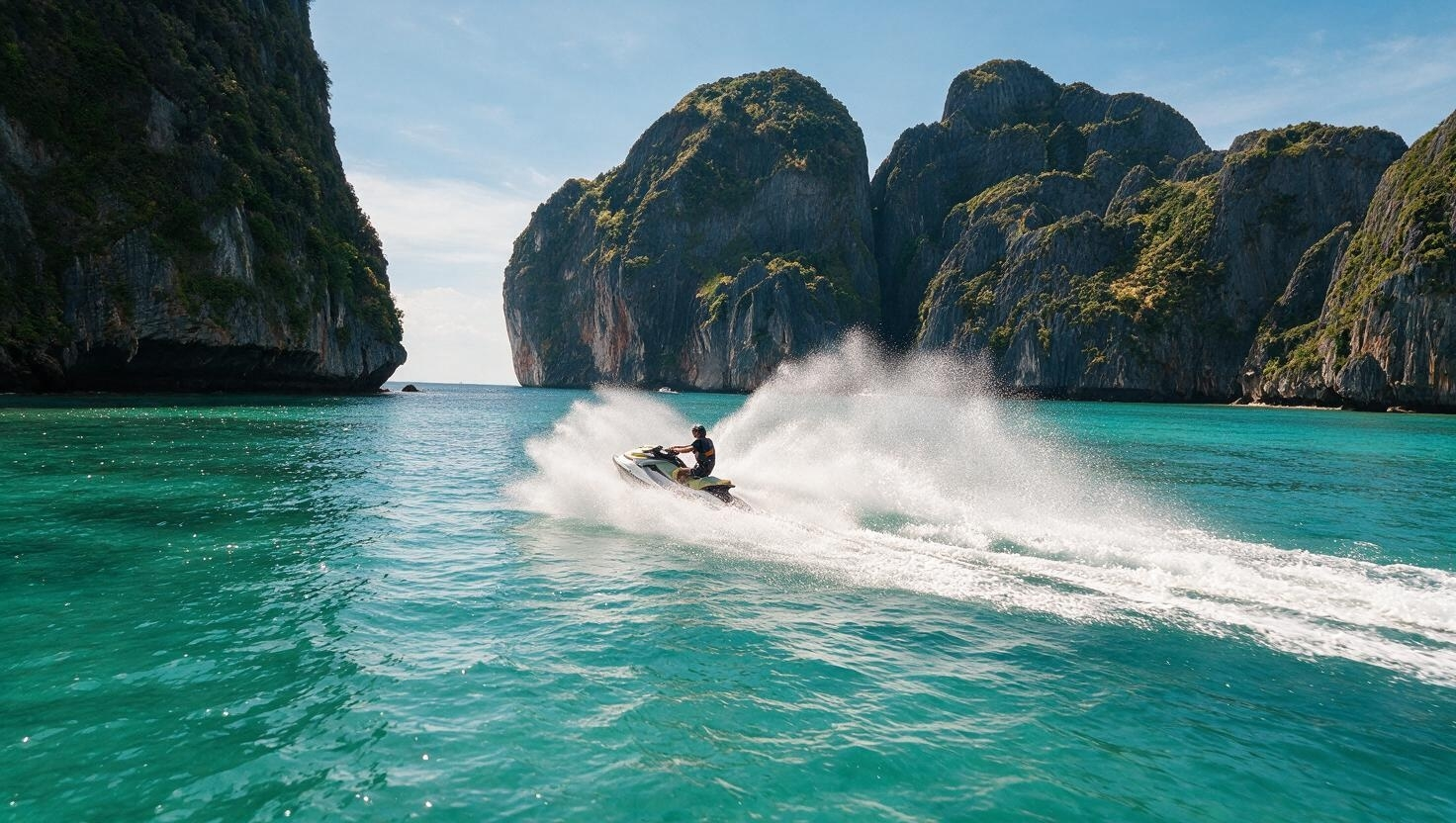 Rider speeding a jet ski across turquoise water below towering green cliffs