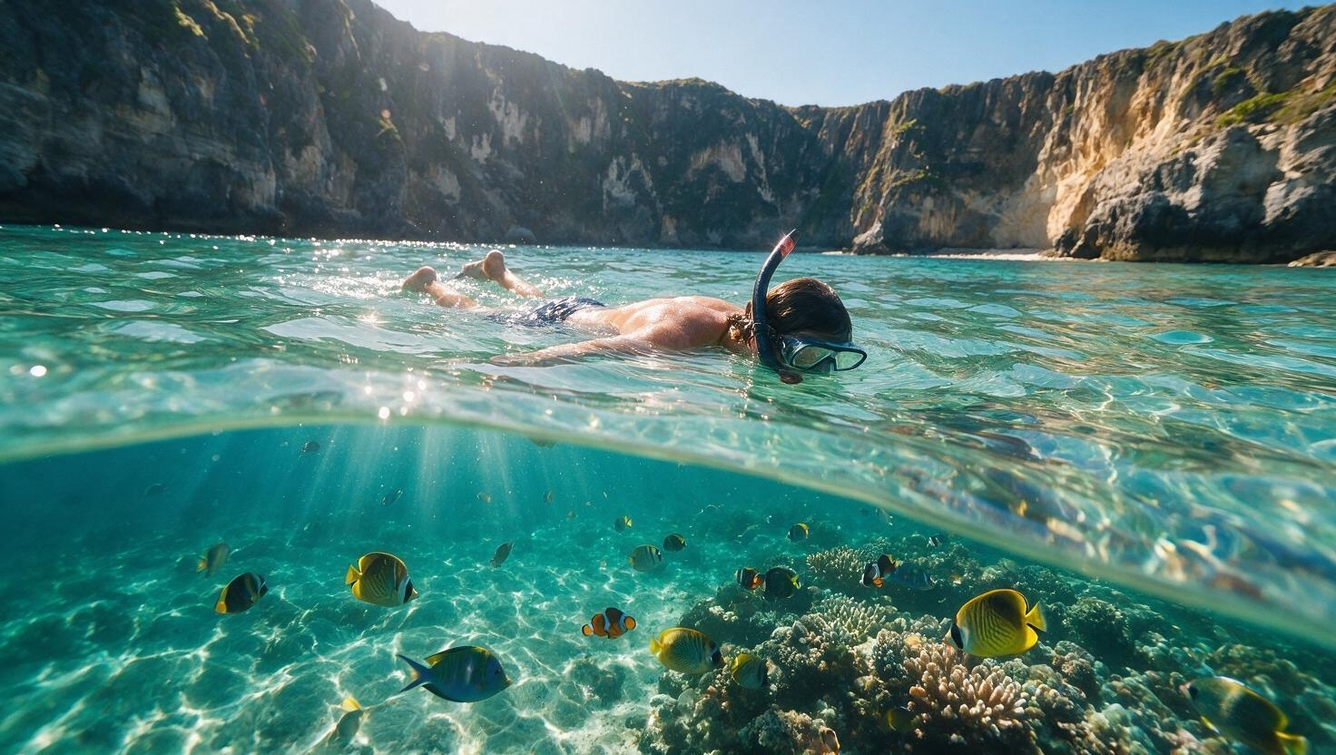 Snorkeller gliding over a coral reef with tropical fish in clear turquoise water