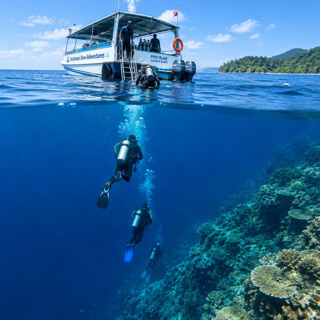 Scuba divers descending into deep blue tropical water from a dive boat