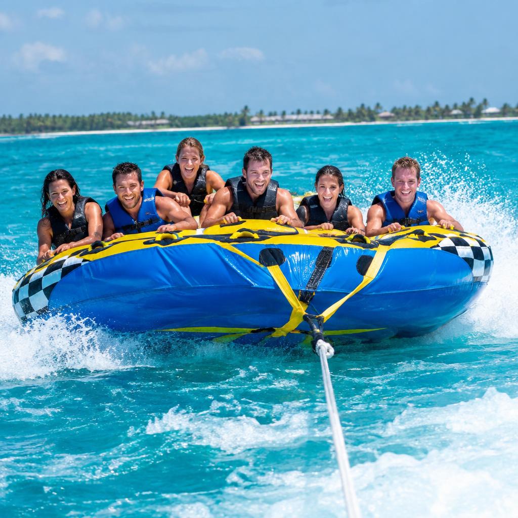 Group riding a large round inflatable towed by a speedboat