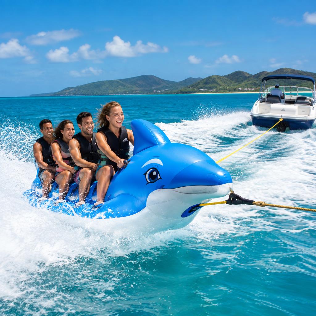 Inflatable dolphin ride carrying riders across bright blue water