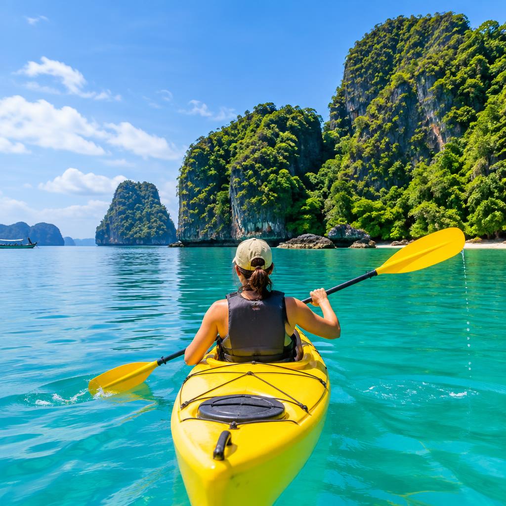 Kayaker paddling turquoise tropical water past green islands