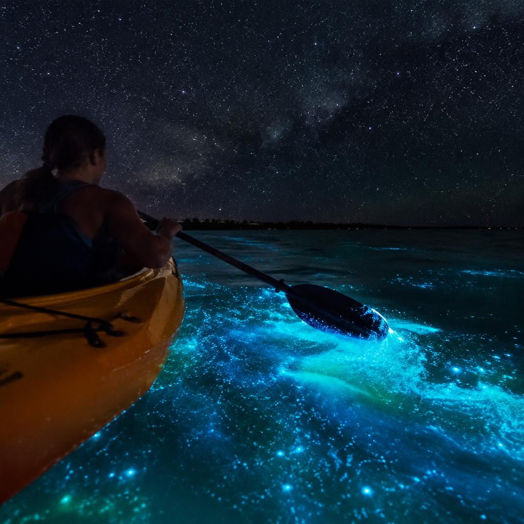 Night kayak over glowing bioluminescent water under a starry sky