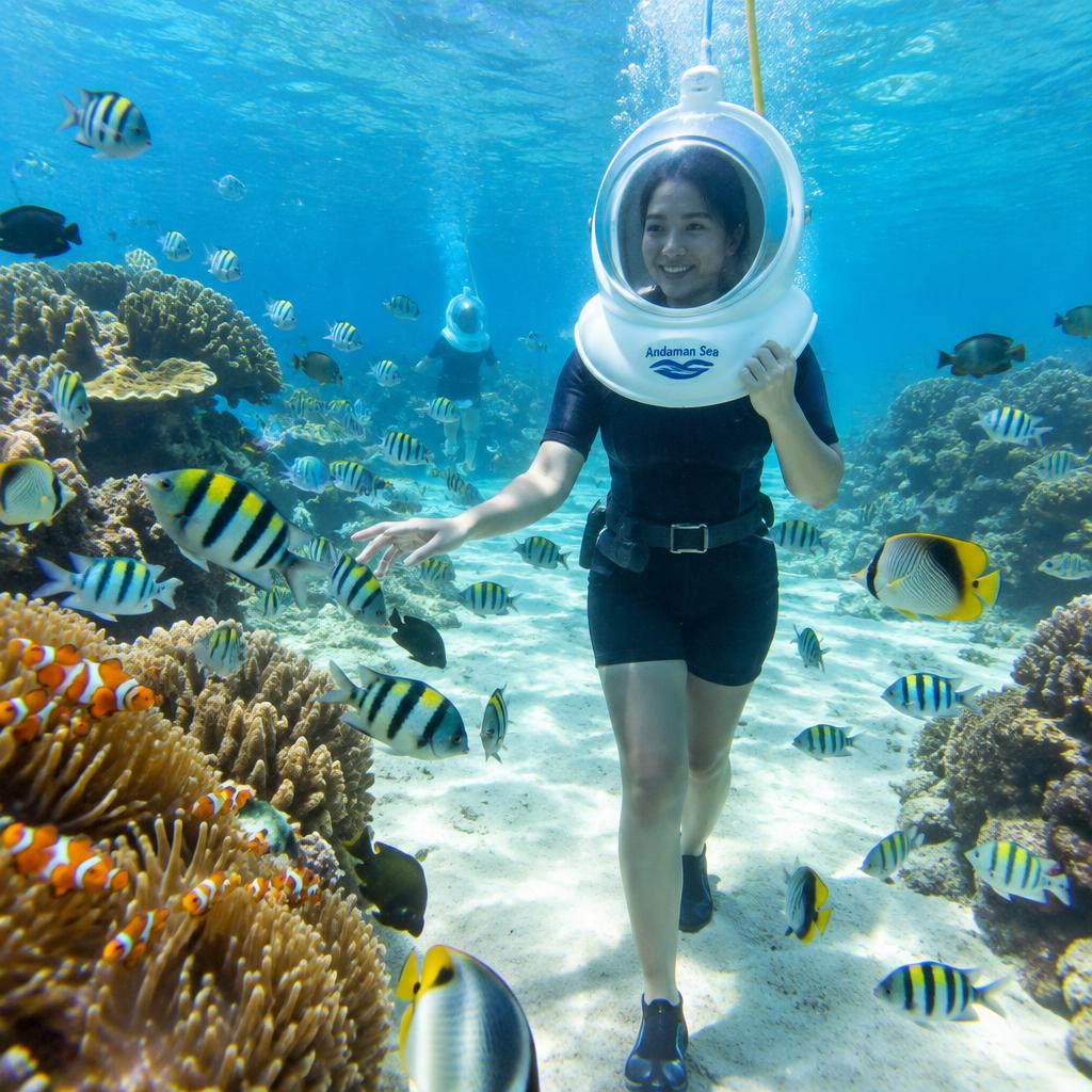 Guest on a helmet sea walk surrounded by tropical fish on the seabed