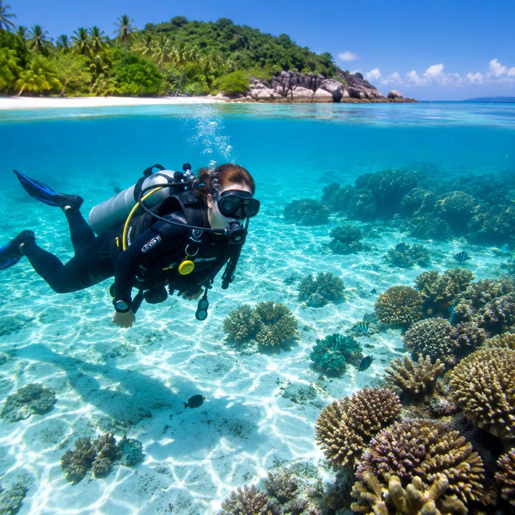 Scuba diver in shallow turquoise water near a tropical island shore