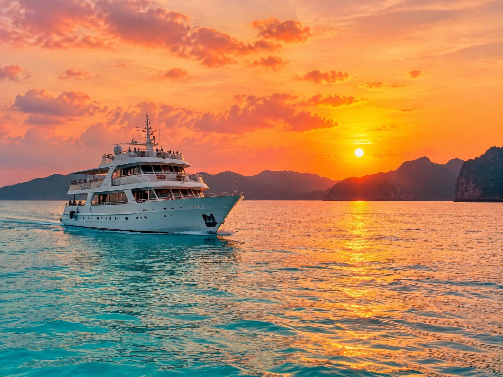 Cruise boat on calm turquoise water under a vibrant golden sunset